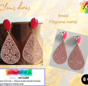 Boucles clous ovale émail fuchsia filigrane métal rose Les Couleurs de Lo