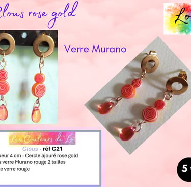 Boucles clous rose gold verre Murano orange Les Couleurs de Lo