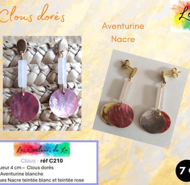 Boucles clous goutte dorée Aventurine blanche Nacre teintée Les Couleurs de Lo