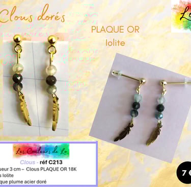 Boucles clous Plaqué or Iolite plume dorée Les Couleurs de Lo
