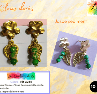 Boucles clous fleur dorée Jaspe sédiment vert feuille dorée Les Couleurs de Lo
