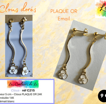 Boucles clous Plaqué or tige rigide fleur émail blanc Les Couleurs de Lo