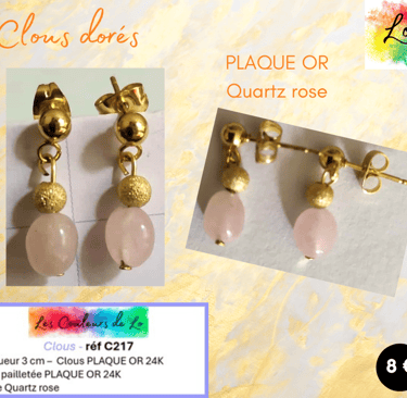 Boucles clous Plaqué or perle pailletée Plaqué or Quartz rose Les Couleurs de Lo