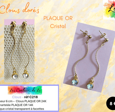 Boucles clous Plaqué or tige ondulée Plaqué or strass cristal transparent Les Couleurs de Lo