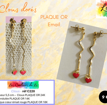Clous d'oreille Plaqué or tige rigide Plaqué or cœur émail rouge Les Couleurs de Lo