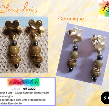 Boucles clous fleur dorée céramique ocre acier gris fleur dorée Les Couleurs de Lo