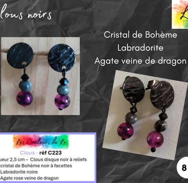 Boucles clous noirs à reliefs cristal Labradorite Agate Les Couleurs de Lo