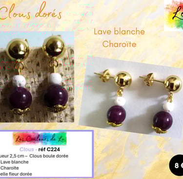 Boucles clous boule dorée Lave blanche Charoïte Les Couleurs de Lo