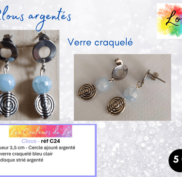 Boucles clous argentés verre craquelé bleu Les Couleurs de Lo