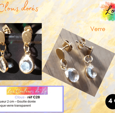 Boucles clous dorés strass verre transparent Les Couleurs de Lo