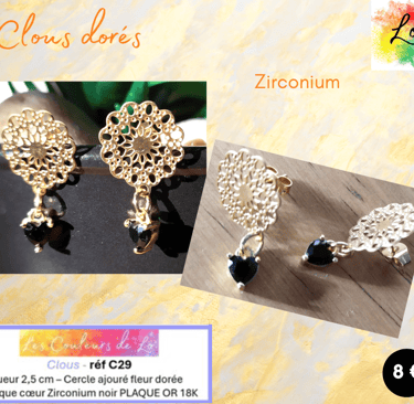 Boucles clous rosace dorée cœur Zirconium noir Les Couleurs de Lo