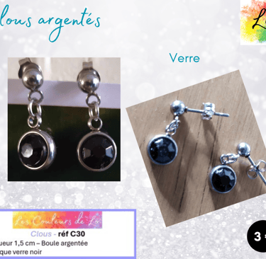 Boucles clous argentés verre noir Les Couleurs de Lo