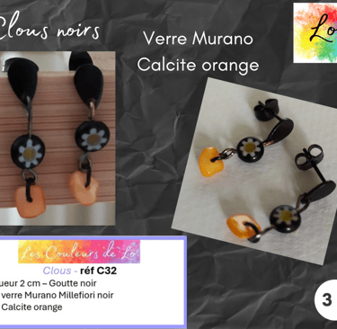 Boucles clous noirs verre Murano Millefiori Calcite orange Les Couleurs de Lo