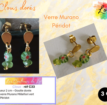 Boucles clous dorés verre  Murano Millefiori Péridot Les Couleurs de Lo