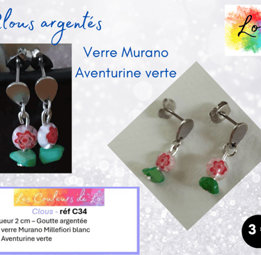 Boucles clous argentés verre Murano Millefiori Aventurine verte Les Couleurs de Lo