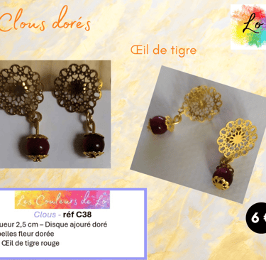 Boucles clous dorés fleur métal Œil de Tigre rouge Les Couleurs de Lo