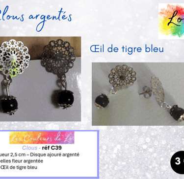 Boucles clous argentés fleur métal Œil de tigre bleu Les Couleurs de Lo
