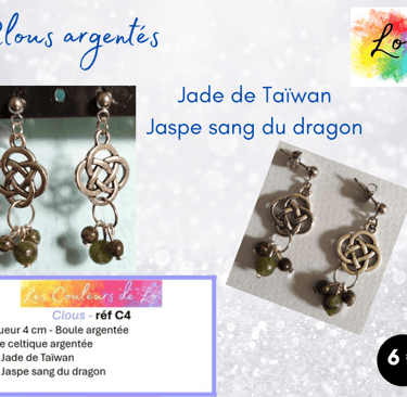 Boucles clous argentés rosace celtique métal Jade Jaspe Les Couleurs de Lo