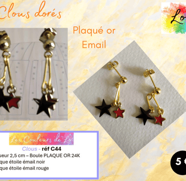 Boucles clous dorés étoiles émail noir émail rouge Les Couleurs de Lo
