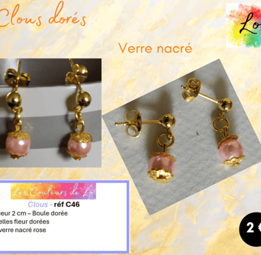 Boucles clous dorés verre nacré rose Les Couleurs de Lo