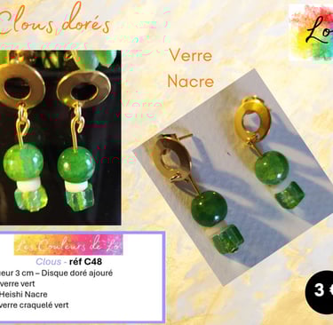 Boucles clous dorés verre vert Nacre Les Couleurs de Lo