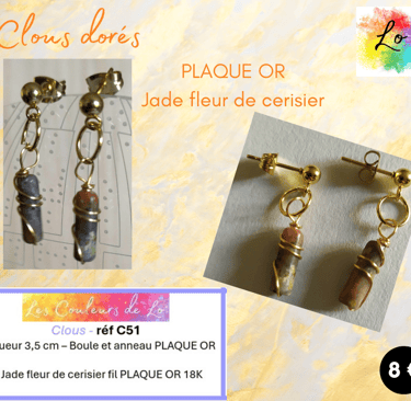 Boucles clous Plaqué or Jade fleur de cerisier Les Couleurs de Lo