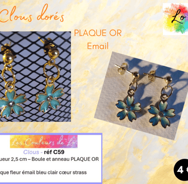 Boucles clous Plaqué or fleur émail bleu clair Les Couleurs de Lo