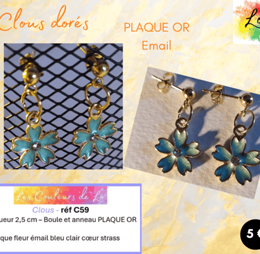 Boucles clous Plaqué or fleur émail bleu clair Les Couleurs de Lo