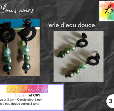 Boucles clous noirs perles d'eau douce vertes Les Couleurs de Lo