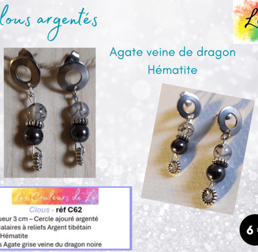 Boucles clous argentés Agate Hématite Les Couleurs de Lo