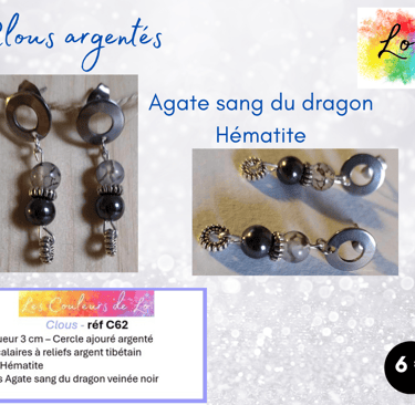 Boucles clous argentés Agate Hématite Les Couleurs de Lo