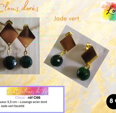Boucles clous dorés losange métal Jade vert Les Couleurs de Lo