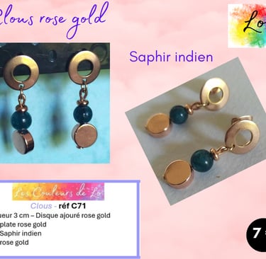 Boucles clous rose gold Saphir indien perle acier Les Couleurs de Lo