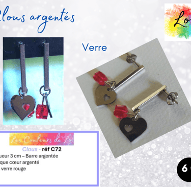 Boucles clous argentés barre acier cœur acier verre rouge Les Couleurs de Lo