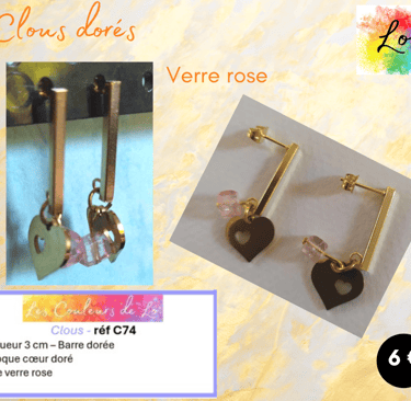 Boucles clous dorés barre acier cœur acier verre rose Les Couleurs de Lo