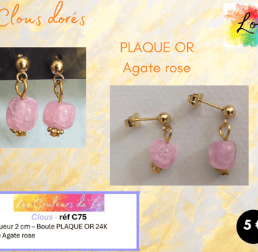 Boucles clous Plaqué or Agate rose Les Couleurs de Lo