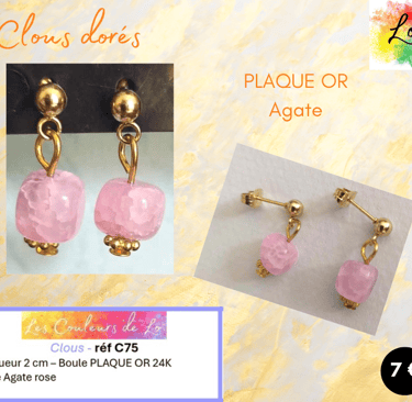 Boucles clous Plaqué or Agate rose Les Couleurs de Lo