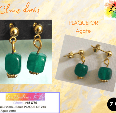 Boucles clous Plaqué or Agate verte Les Couleurs de Lo