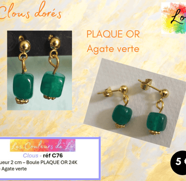 Boucles clous Plaqué or Agate verte Les Couleurs de Lo