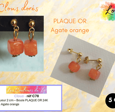 Boucles clous Plaqué or Agate orange Les Couleurs de Lo