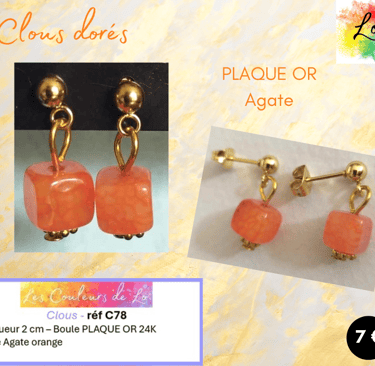 Boucles clous Plaqué or Agate orange Les Couleurs de Lo