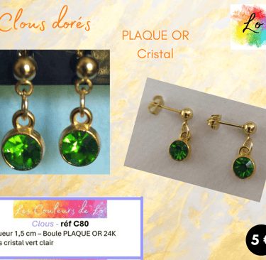 Boucles clous Plaqué or strass cristal vert Les Couleurs de Lo