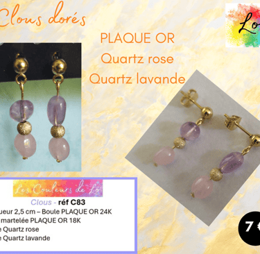 Boucles clous Plaqué or Quartz fraise Quartz lavande perle Plaqué or Les Couleurs de Lo