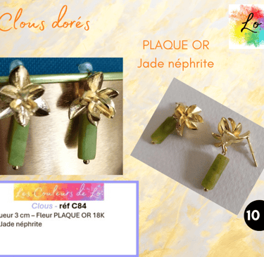 Boucles clous Plaqué or fleur Jade néphrite Les Couleurs de Lo