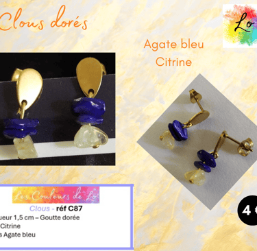Boucles clous dorés Agate bleue Citrine Les Couleurs de Lo