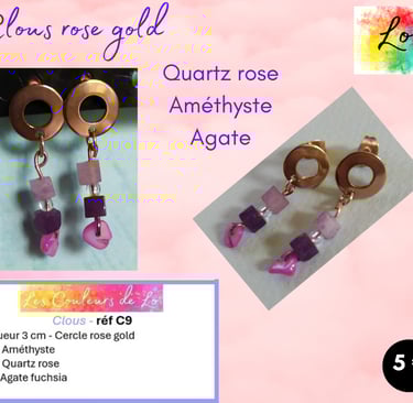 Boucles clous rose gold Quartz rose Améthyste Agate fuchsia Les Couleurs de Lo