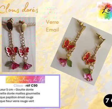 Boucles clous dorés chaînette papillon émail rouge fleur verre rouge-vert Les Couleurs de Lo