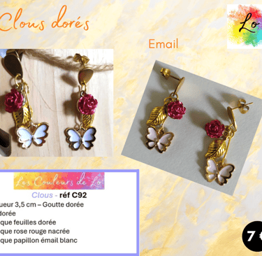 Boucles clous dorés papillon émail blanc rose nacrée Les Couleurs de Lo