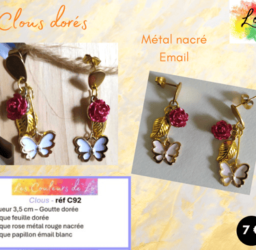 Boucles clous dorés papillon émail blanc rose métal rouge nacré Les Couleurs de Lo