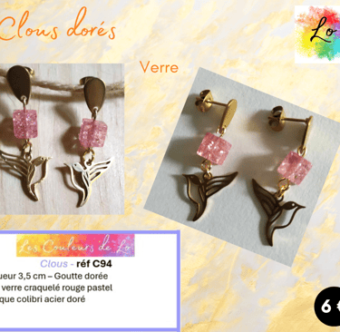 Boucles clous dorés verre craquelé rouge pastel colibri acier Les Couleurs de Lo